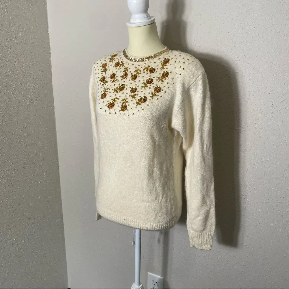Worthington Vintage Silk, Angora & Lambswool Ivory Knit Sequin Sweater Women's M